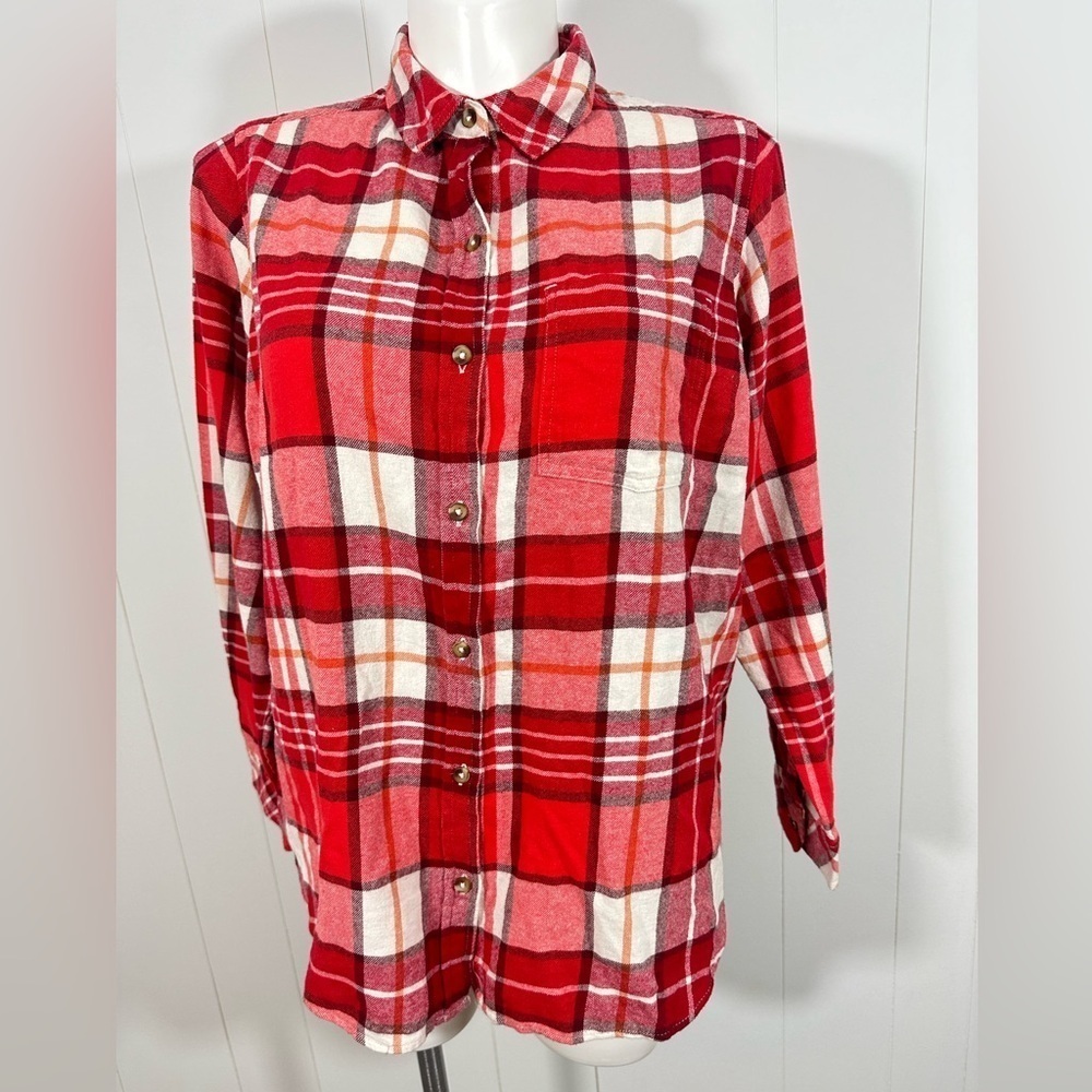 NWT Sonoma Women's Plus Sz 0X Supersoft Flannel Plaid Button Down Shirt Red